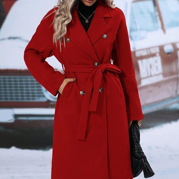 Casual Women's Double Breasted  Lapel Neck Belted jacket Overcoat RED - Picture 4 of 6